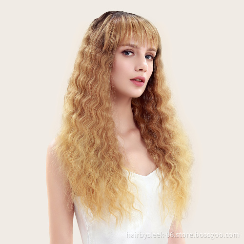 Soft long synthetic hair wigs honey color high temperature fiber curly weave machine made wigs wholesale wigs for women